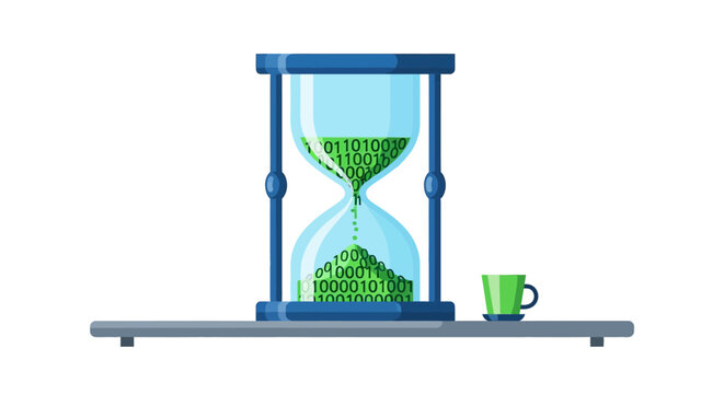 Digital Hourglass with Green Binary Code Representing Data Processing Time, Software Development Deadlines, and Big Data Analysis Concept on White Background
