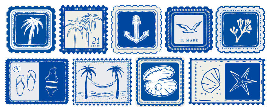 Hand drawn summer stamp collection. Mediterranean vacation in doodle style. Postage outline sketch for letters. Postal drawing emblem template design.