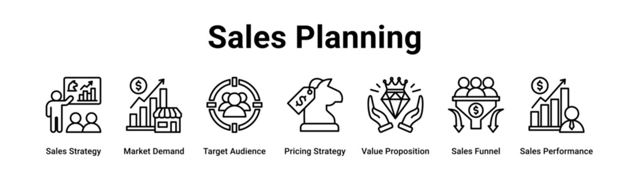 Sales Planning web banner icon vector illustration concept for business with icon of Sales Strategy, Market Demand, Target Audience, Pricing Strategy, Value Proposition, Sales Funnel, Sales.