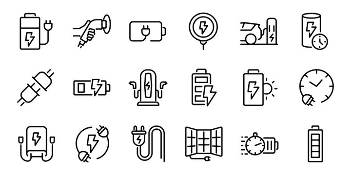 Set of outline icons related to charging. Linear icon collection. Editable stroke. Vector illustration