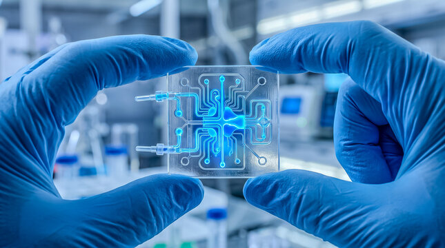 Scientist's gloved hands holding a transparent biochip lab-on-a-chip device with glowing microfluidic channels in a research lab.