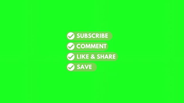 Social media buttons on green background for subscribe, comment, like, and share actions