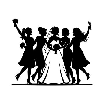 Five women celebrating bride squad silhouette illustration
