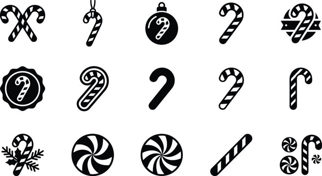 Set of black and white candy cane icons for christmas holiday design