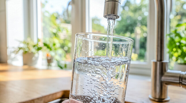Pure, crystal-clear tap water pours dynamically from a modern kitchen faucet, filling a clean glass cup.