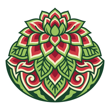 Vibrant watermelon slice transforms into a stylized flower with green leaves and swirling patterns on its surface in ya13.eps illustration