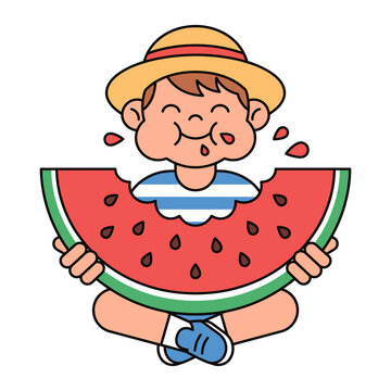 A young boy happily eating a slice of watermelon on a sunny day