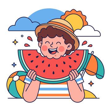 A young boy happily eating a slice of watermelon on the beach