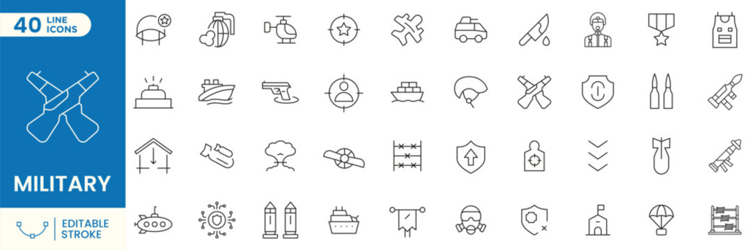 Military line icons set. Army, defense, war equipment, tactical gear, soldier, weapon, aviation, naval, security, battlefield outline collection for ui, web, app, infographic. Editable stroke