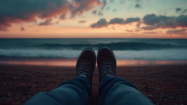 Relaxing Sunset by the Sea with Feet in Focus Ideal for Relaxation and Scenic Background. Explore the beauty of nature with serene beach vibes. Generative AI