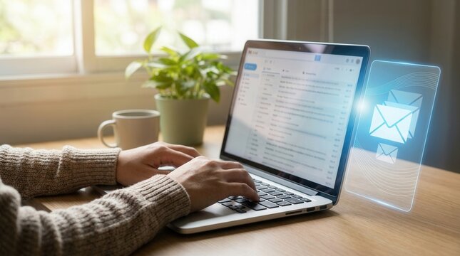Person typing on a laptop computer while digital mail icons float nearby in a bright home office setting with soft natural window lighting and wooden desk