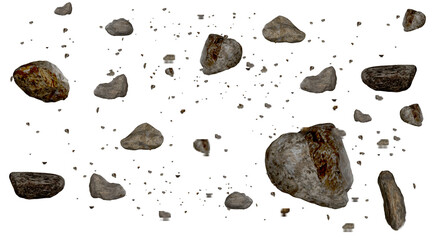 Floating Asteroid Rocks and Stone Debris, Dark Gray Boulders 3D Render Isolated © Raihan