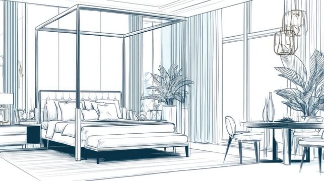 Interior architectural sketch depicts a luxurious bedroom with a large canopy bed and seating area