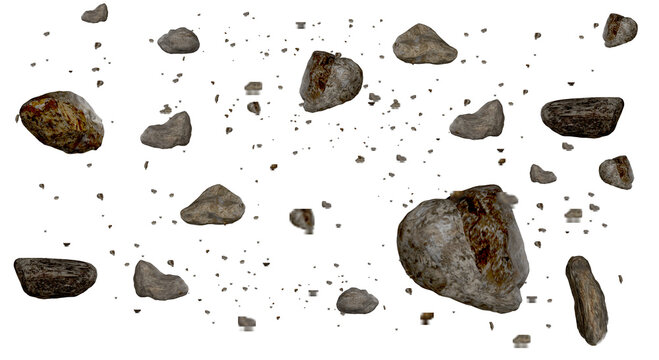 Floating Asteroid Rocks and Stone Debris, Dark Gray Boulders 3D Render Isolated
