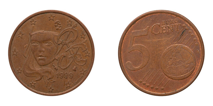Old 5 Euro cent coin 1999. png isolated on transparent background.