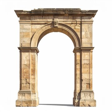 Ancient stone triumphal arch with carved details, isolated on white