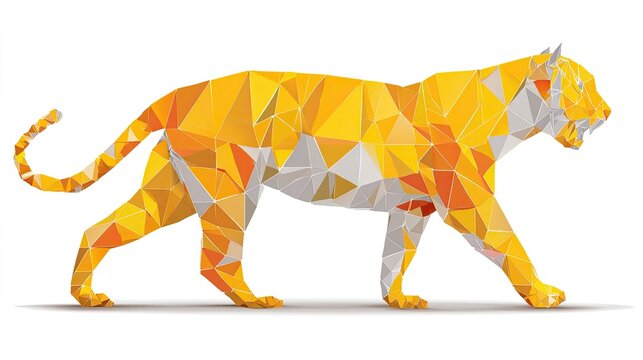 Striking feline profile rendered in vibrant geometric polygons walking across a white background