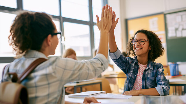 Happy Teacher and Schoolgirl Giving High Five During Classroom Learning Activity Happy teacher and schoolgirl giving a high five during a lesson in a modern classroom, positive edu