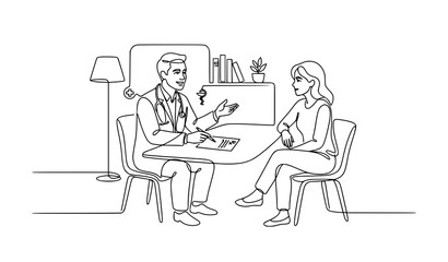 Fototapeta premium Doctor Patient Discussion Minimal Continuous Line Art Medical Clinic Vector Illustration