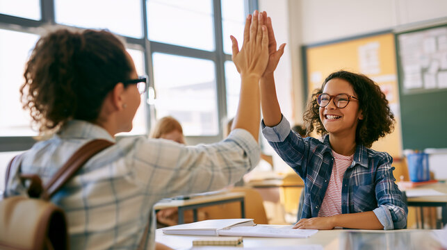 Happy Teacher and Schoolgirl Giving High Five During Classroom Learning Activity Happy teacher and schoolgirl giving a high five during a lesson in a modern classroom, positive edu