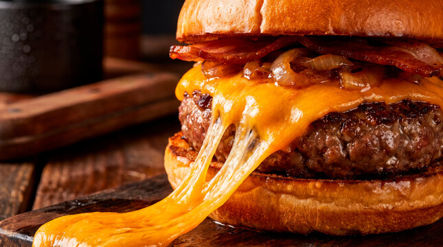 A delicious burger with melted cheese and crispy bacon, perfect for a satisfying meal. The burger is presented on a wooden board with a rustic feel