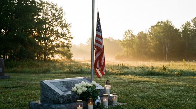 Grave monument with white roses and american flag at dawn