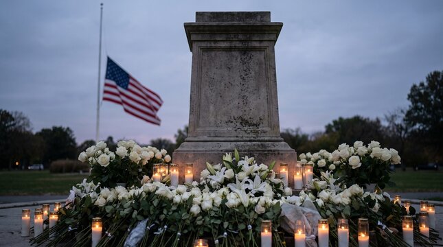 Memorial monument with white flowers and candles at dusk