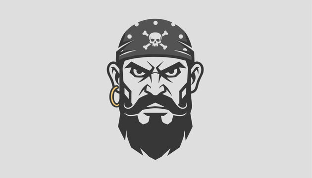 Portrait of a fierce male pirate with thick black beard and skull bandana on simple grey background.