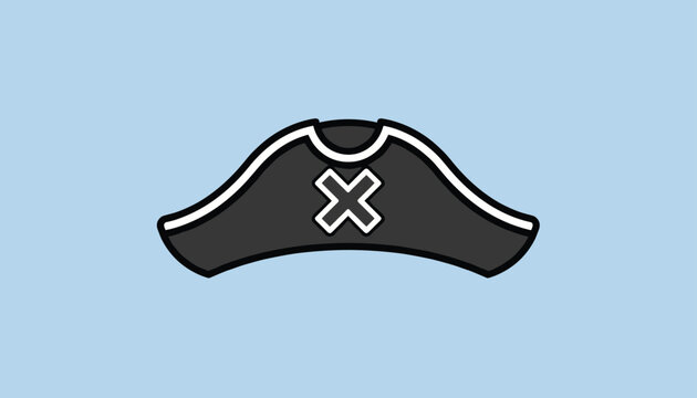 Classic black pirate bicorn hat with white cross symbol isolated on light blue background.