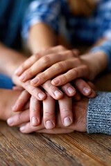 Fototapeta premium Team members joining hands in unity over wooden table