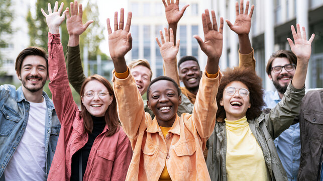 Authentic Friendship Lifestyle Concept with Happy Diverse Friends Outdoors Group, Young People Smiling Together in Nature, Social Connection, Diversity, Teamwork, Positive Relationships