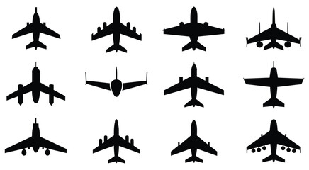 Aircraft icon set featuring black airplane symbols, air travel graphics for aviation, transportation, flight routes, travel apps, and tourism design. © Ayat0002
