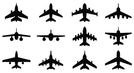 Aircraft icon set featuring black airplane symbols, air travel graphics for aviation, transportation, flight routes, travel apps, and tourism design. © Ayat0002