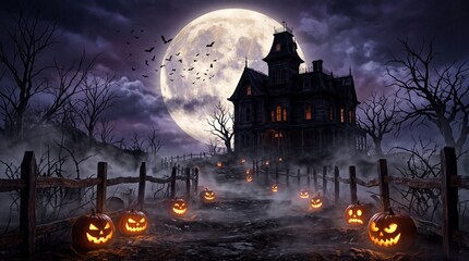Spooky Halloween Night with Haunted Castle House Bats Flying Over Moonlit Hills Pumpkin and Cemetery Silhouettes Vector Illustration for October Holiday Theme