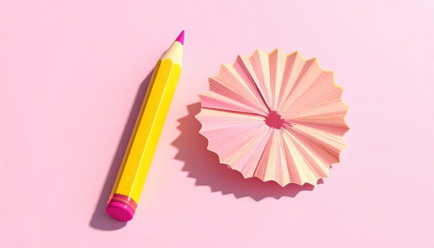 Bright yellow pencil and pastel pink paper shavings on a pink backdrop
