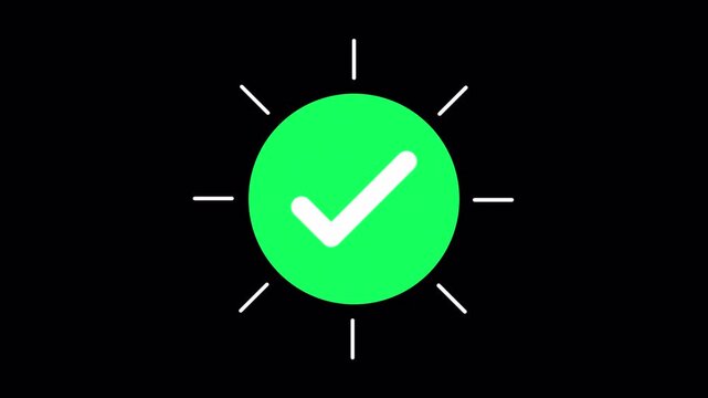 Green success check mark icon, vibrant green circle with rays, minimalistic design on black background, positive approval symbol for digital projects