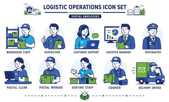 Professional logistic operations icon set featuring postal employees in a modern dual tone illustration style with clean, clear visuals and professional grouping  . Includes warehouse staff,  
