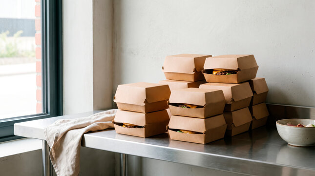 Stack of Burgers in Takeaway Boxes: A neatly stacked pile of delicious burgers in eco-friendly takeaway boxes rests on a stainless steel counter next to a window.