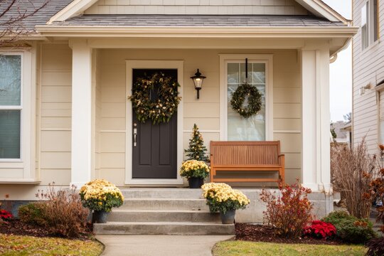 front porch with christmas decorations of contemporary home with clean siding, surrounded by a tidy yard, front view, white beige color. Xmas season