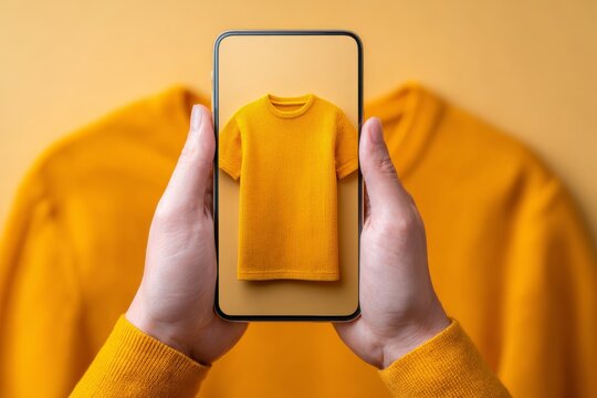 online shopping for pre loved ( pre used) iteams and clothes, hands holding a mobile phone on the screen is a shirt for concept of online shopping, minimal style yellow mustard color