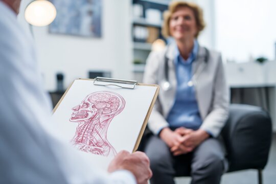 Healthcare professional, doctor,  holding a clipboard or tablet showing a simplified diagram of facial nerves to a seated patient in a clinic.