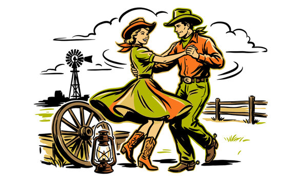 Cowboy and cowgirl dancing on a ranch with a windmill and lantern. Country lifestyle illustration for apparel and poster design.