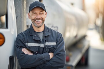 Fototapeta premium Portrait of a smiling propane technician in uniform standing beside a propane tank or truck, neutral and uncluttered background, warm approachable tone. 