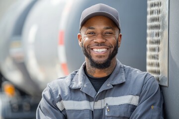 Fototapeta premium Portrait of a smiling propane technician in uniform standing beside a propane tank or truck, neutral and uncluttered background, warm approachable tone. 