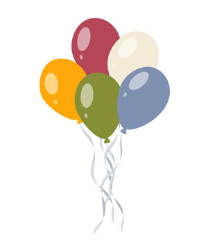 Balloon bouquet with five round party balloons. Vector illustration in soft pastel flat style. Festive celebration clipart for greeting cards, invitations, posters, gift packaging, and birthday decor.