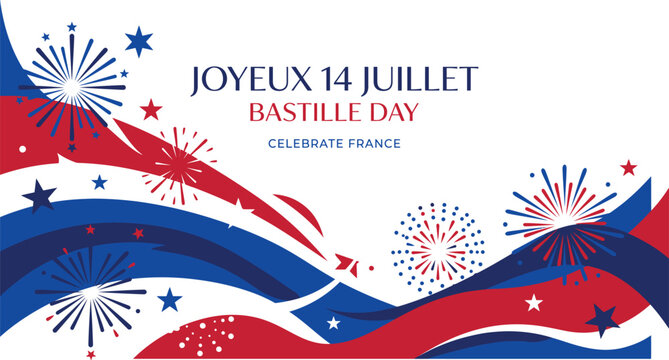 Elegant vector illustration featuring vibrant red blue and white wavy ribbons with stylized fireworks and stars celebrating the joyous French national holiday of Bastille Day with a modern graphic 
