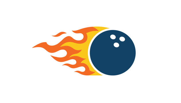 Dark blue bowling ball engulfed in vibrant orange and yellow flames is depicted on a plain white background.