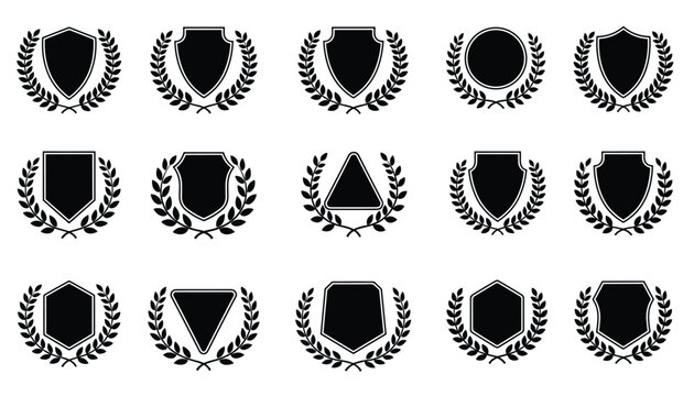 Large set of fifteen black heraldic shields decorated with laurel wreaths, isolated on a white background.