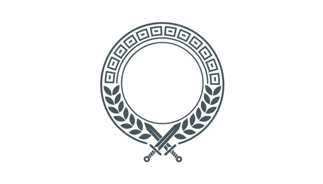 Roman laurel wreath emblem featuring two crossed swords and geometric greek key patterns on a white background.