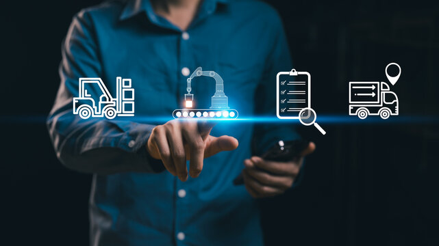 Supply chain manager visualizing end-to-end manufacturing operations digitally, optimizing industrial automation, logistics management, smart factory integration, and digital transformation